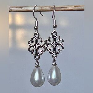 Elegant Silver Filigree Pearl Drop Earrings